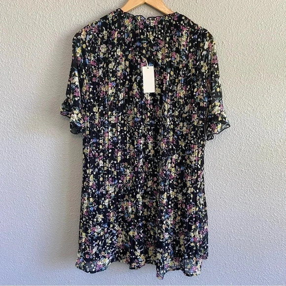 Melloday Black Pleated Floral Ruffle Neck Mini Shift Dress Size‎ Small NWT - Picture 2 of 5